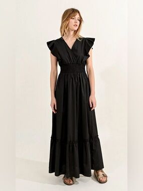 Molly Bracken Black Ruffled Sleeve Maxi Dress